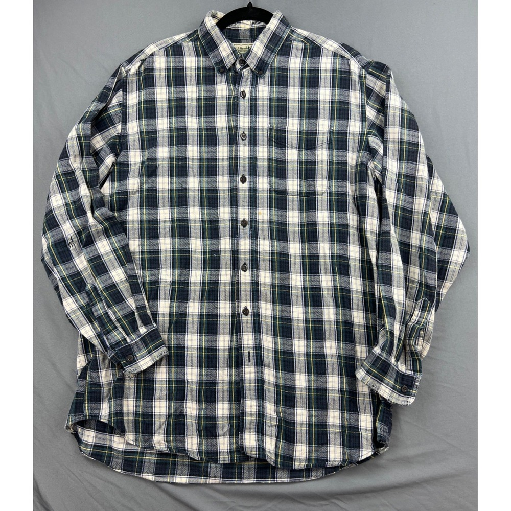 L.L. Bean Plaid Button Down Shirt Mens Large Tall Navy Green Cotton Flawed Fair